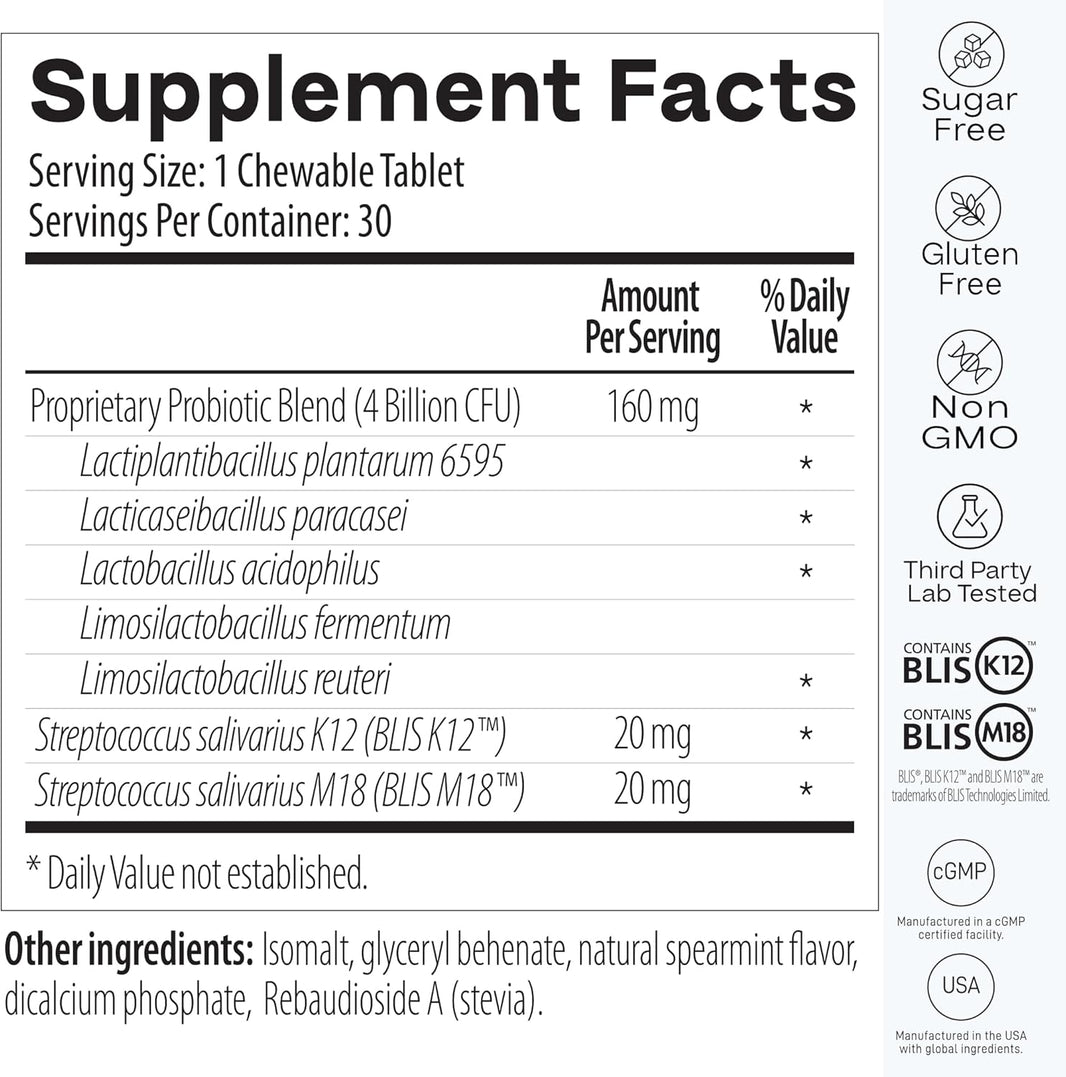 Oral Probiotics for Bad Breath Treatment for Adults, Streptococcus Salivarius K12 and M18 Dental Probiotic for Oral Health, Teeth and Gums, Dentist Formulated Sugar-Free Mint Chewables, 30 Count